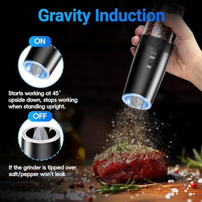 MealHelper Rechargeable Gravity Electric Salt and Pepper Grinder Set with LED Light, Type-C Fast Charging, Adjustable Coarseness, Large Capacity Grinder for Kitchen, Restaurant & Outdoor, (2 Pack)