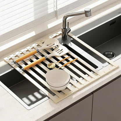 Foldable Over Sink Dish Drying Rack, Extra Wide & Thick Rust-Proof Aluminum Sink Cover for Counter Space, Collapsible Dish Drying Rack Fits Most Kitchen Sinks (White, 13.8“x13.6)