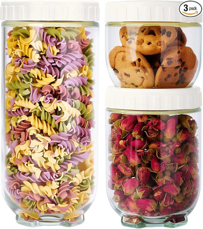 Hoa Kinh Glass Overnight Oats Jars with Lids, 3Pack Leak Proof Small Stackable Glass Jar Kitchen Canisters for Overnight Oats, Cereal, Clear Empty Jars with Lids for Kitchen