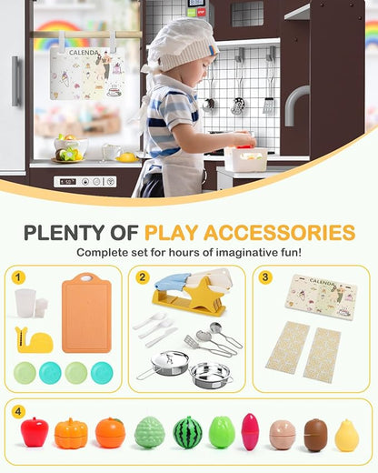 Babytronic Corner Wooden Play Kitchen Set for Kids w/Lights & Sounds, Pretend Play Kitchen Playset with Stove, Microwave, Ice Maker & Accessories, Perfect for Toddlers & Multiple Children (Coffee)
