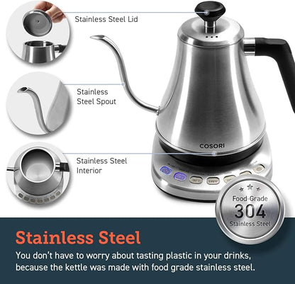 Cosori Gooseneck Electric Kettle with 5 Variable Presets, Pour Over & Coffee maker, 100% Stainless Steel Inner Lid & Bottom, 1200 Watt Quick Heating, 0.8L, Silver