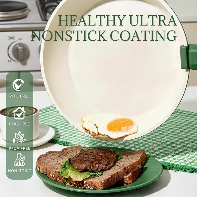 Ceramic Cookware Set Non Stick 8Pcs Pots and Pans Set Detachable Handle Induction Kitchen Cooking Set with Frying Pans Oven Dishwasher Safe, PFAS/PFOA Free, Forest Green