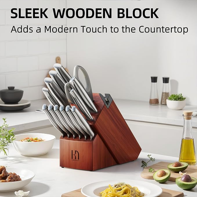 KnifeSaga Knife Set Premium, Japanese High Carbon Stainless Steel 14 Pcs Kitchen Knives Block Set with Built-in Sharpener and Wood Block, Razor Sharp Knife Sets for Kitchen with Ergonomic Handle