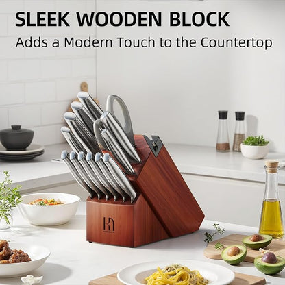 KnifeSaga Knife Set Premium, Japanese High Carbon Stainless Steel 14 Pcs Kitchen Knives Block Set with Built-in Sharpener and Wood Block, Razor Sharp Knife Sets for Kitchen with Ergonomic Handle