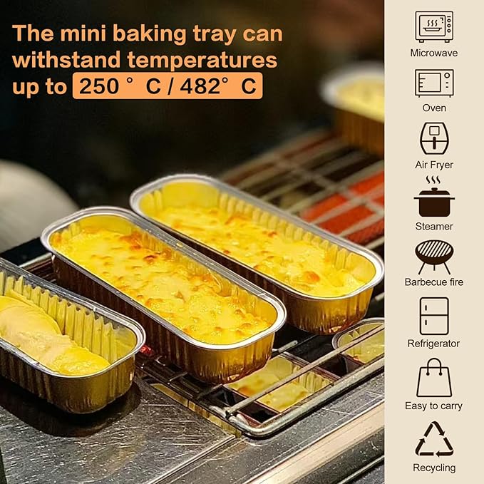 Mini Cake Pans with Lids and Spoons 200 Pack, Mini Loaf Pans with lids 6.8oz, Small Disposable Aluminum Foil Loaf Pans, Rectangular Baking Container for Party, Picnics and Housewarming (Gold)