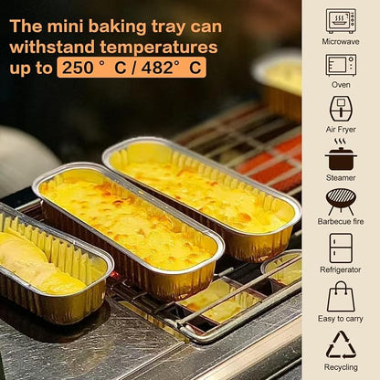 Mini Cake Pans With Lids And Spoons 50 Pack,6.8 oz Rectangle Mini individual Loaf Pans Disposable Aluminum Foil Small Baking Cups Tins (50, gold)