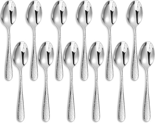 KEAWELL Premium Louise Hammered Small Spoons, 18/10 Stainless Steel, 5.6-Inch Mini Coffee & Dessert Spoon Set, Brightly Mirror Polished, Set of 12, Dishwasher Safe(12, 5.6 inches)