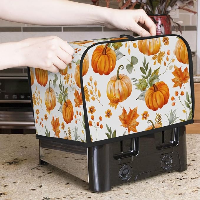 2 Slice Watercolor Pumpkin Autumn Toaster Cover Waterproof Dust Fingerprint Bread Machine Cover Washable Kitchen Appliance Protector For Home Kitchen Bakeware Table Decor Women Gifts
