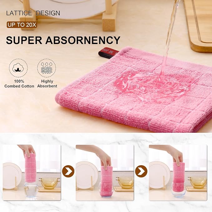 Mordimy 100% Cotton Terry Cloth Dish Cloths, Soft and Absorbent Checkered Dish Towels, Quick Drying Dish Rags for Washing Dishes, 6 Pack, 12 x 12 Inches, Pink
