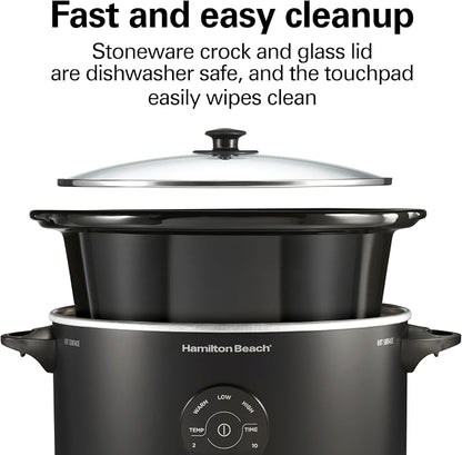 Hamilton Beach 7 Quart Set & Forget Portable Programmable Slow Cooker, 15 Cooking Options With 5 Time and 3 Heat Options, Large Dishwasher Safe Stoneware Crock and Glass, Lid Latch, Black (33670)