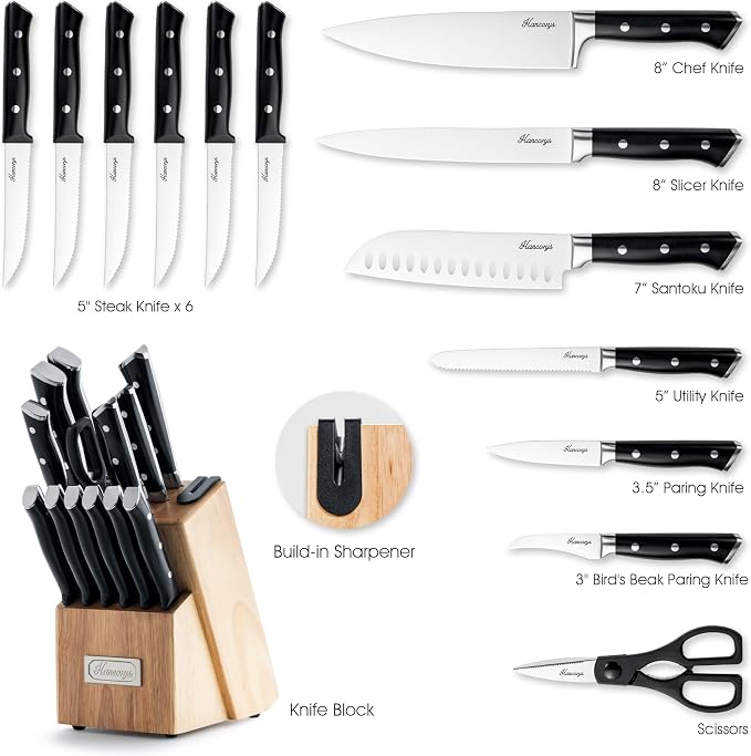 Knife Block Set, 15 Pcs Kitchen Knife Set, Enduring Ultra Sharp High Carbon German Stainless Steel Chef Knives Set with Built-In Sharpener, Full Tang Ergonomic Handle, Black
