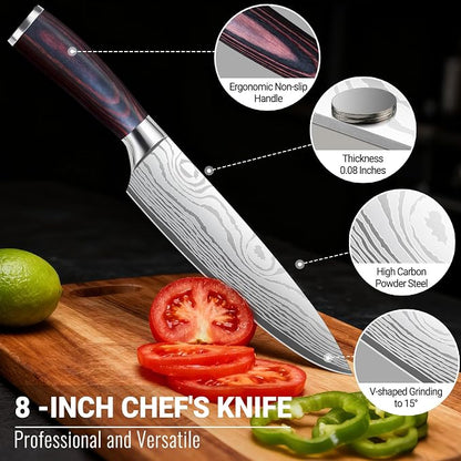 Chef Knife 8 Inch Kitchen Knife - Ultra Sharp Japanese High-Carbon Steel Chefs Knife, Professional Cooking Knives with Ergonomic Wood Handle & Gift Box