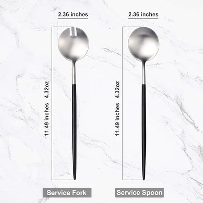 Lemeya Silver Black Salad Serving Utensils,Serving Spoons Stainless Steel,2Pcs Long Handle Salad Servers 11.42 Inch,Salad Utensils for Serving,Matte Finish,Dishwasher Safe