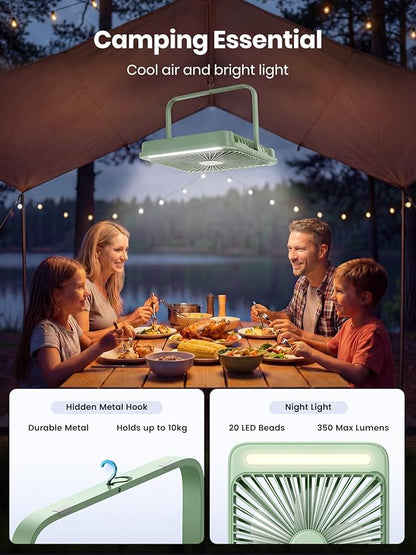 Warmco 20000mAh Battery Powered Fan, 8-Inch Ultra-Slim Portable Camping Fan with LED Lantern, Up to 48H Runtime Rechargeable Desk Fan for Bedroom, Outdoor, Tent, Travel, Cruise Ship Essentials