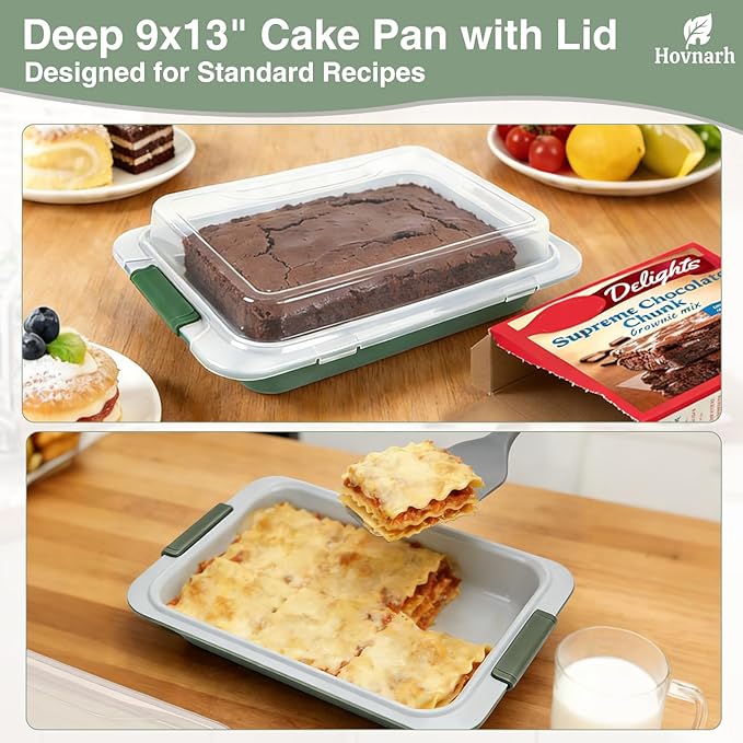 9x13 Baking Pan with Lid, Deep 13x9 Covered Cake Pan, Nonstick with Silicone Handles, Warp-Resistant Green Baking Pan for Storage, Transport, Potlucks & Meal Prep