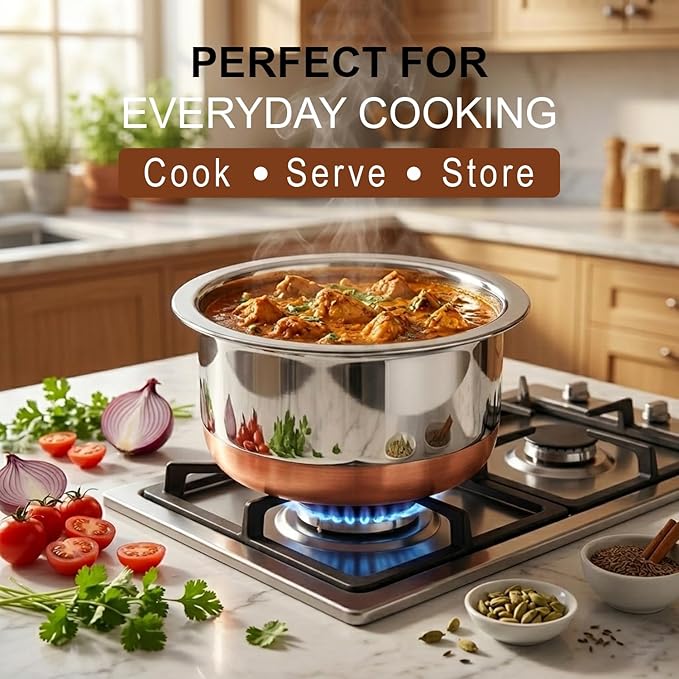CRAFTONE Stainless Steel Copper bottom Tope Set with Lid, Cookware Set of 3 Pcs Gas Stove Friendly multi purpose Container Pot Set (60 Oz, 47 Oz and 33 Oz)