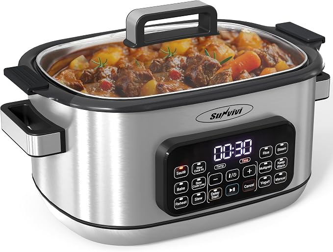 12-in-1 Multicooker, 6.5QT Slow Cooker Roaster Oven, Digital Programmable Multi Functional Pot with Timer, Temp Control, Delay Start, Glass Lid, Removable Nonstick Pot & Roast/Steam Rack