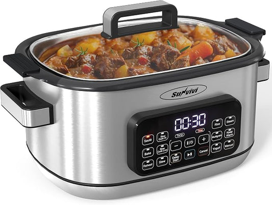 12-in-1 Multicooker, 6.5QT Slow Cooker Roaster Oven, Digital Programmable Multi Functional Pot with Timer, Temp Control, Delay Start, Glass Lid, Removable Nonstick Pot & Roast/Steam Rack