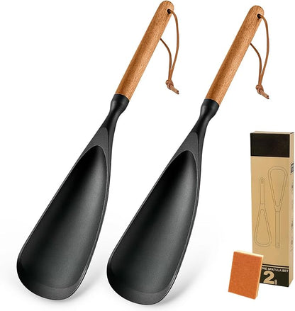 Silicone Cooking Spoon for Nonstick Cookware – 2-Pack Wooden Handle Spatula, Multi-Function Kitchen Tool for Stirring, Scooping, Scraping & Serving, Heat-Resistant(Black, 12.8 Inch)