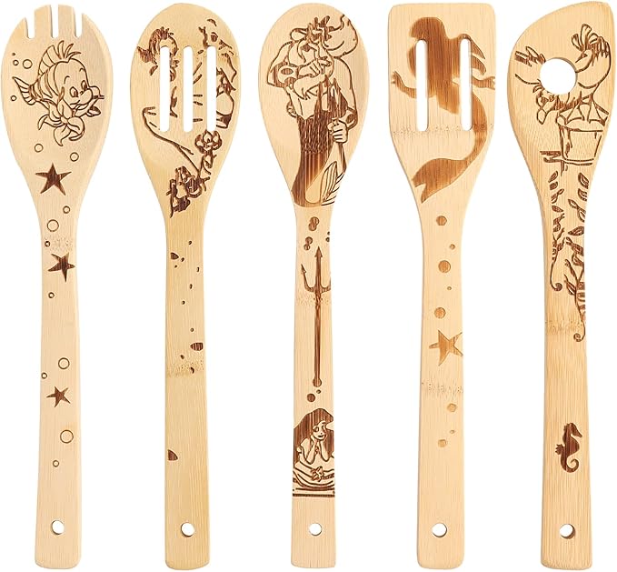 The Little Mermaid Organic Bamboo Spoons for Cooking Personalized Cartton Pattern Kitchen Burned Utensils Spatula Household Items Non-stick Kitchen Cookware Ideal Housewarming Present for Family