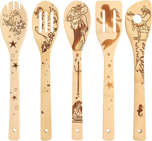 The Little Mermaid Organic Bamboo Spoons for Cooking Personalized Cartton Pattern Kitchen Burned Utensils Spatula Household Items Non-stick Kitchen Cookware Ideal Housewarming Present for Family