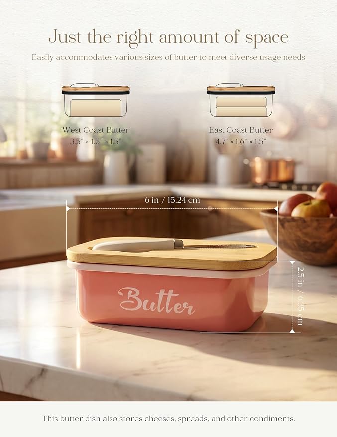 Butter Dish, Butter Dish with Lid for Countertop,Metal Butter Keeper with Stainless Steel Multipurpose Butter Knife, Large Butter Container with quality Silicone Good Kitchen Gift,Pink