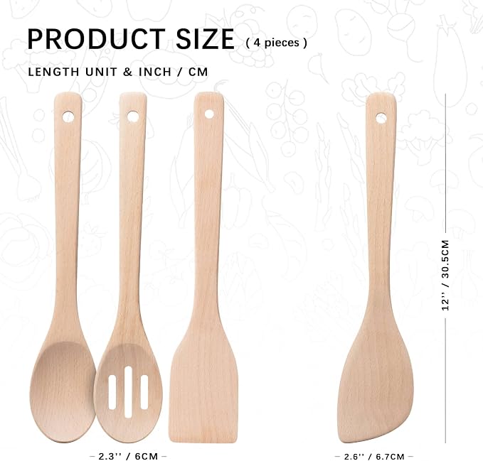 Wooden Spoons for Cooking, 4-Piece Wood Utensil Set Includes Slotted Spoon, Spoon & Wooden Spatula for Cooking – Uncoated Beech Wood Kitchen Utensil Set – 12 Inch Hardwearing Tools