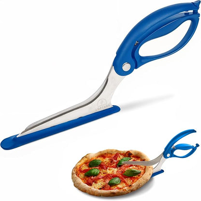 Blue Pizza Scissors - Non-Stick Pizza Scissors with Firm Grip Base - Food Grade Stainless Steel Pizza Cutter - 5-in-1 Food Slicer & Pizza Server - Durable, Safe & Mess Free