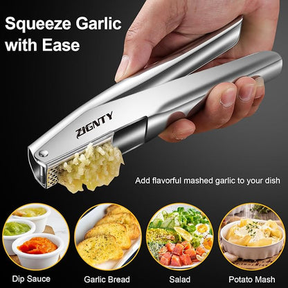 Professional Garlic Press Stainless Steel, Garlic Mincer No Need to Peel, Large Trough Garlic Crusher, Ergonomic Handle Garlic Ginger Presser Masher, Easy Squeeze Rust Proof Dishwasher Safe