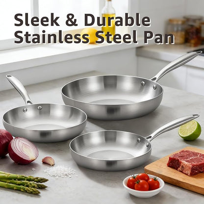 Inqibee Tri-Ply Stainless Steel Frying Pans Set with Lid, 8”/9.5”/11” Skillets, Induction Cooking Pans Set, Riveted Handle, Even Heating and Oven Safe