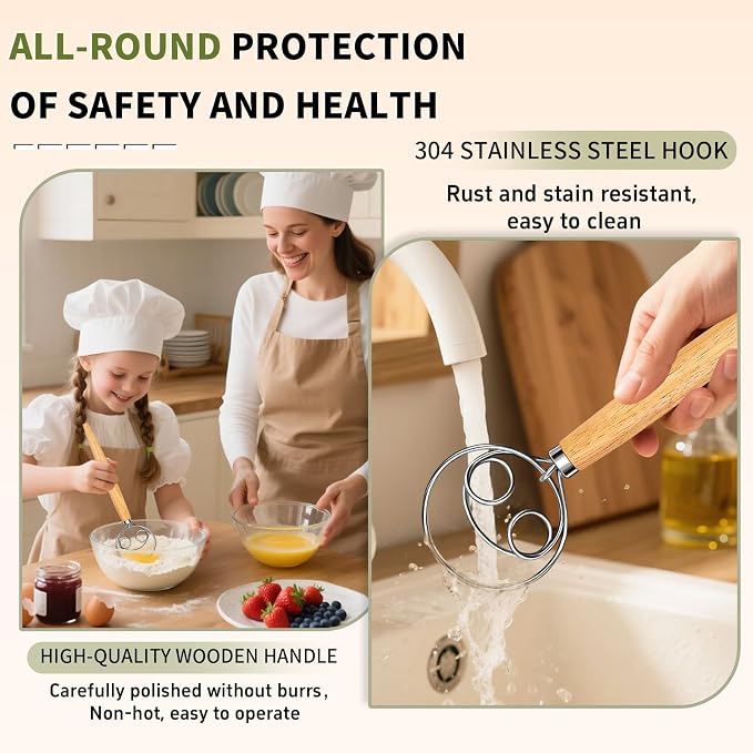 Hand Whisk Stainless Steel Dough Hook Dutch Whisk for Sourdough Bread Dough Mixer Hand Wooden Handle Kitchen Whisking Mixing Tool Bread Making Tools (two eyes)