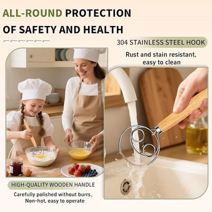 Hand Whisk Stainless Steel Dough Hook Dutch Whisk for Sourdough Bread Dough Mixer Hand Wooden Handle Kitchen Whisking Mixing Tool Bread Making Tools (two eyes)