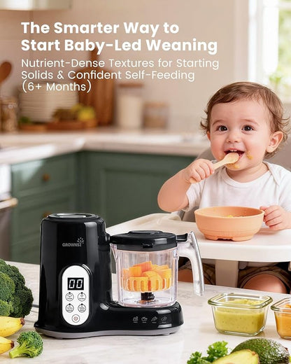 Grownsy Baby Food Maker with Steam Basket, One Step Baby Food Processor Steamer Puree Blender Grinder Mills Machine, Auto Cooking Grinding and Sterili-zing for Healthy Homemade Baby Food, Black