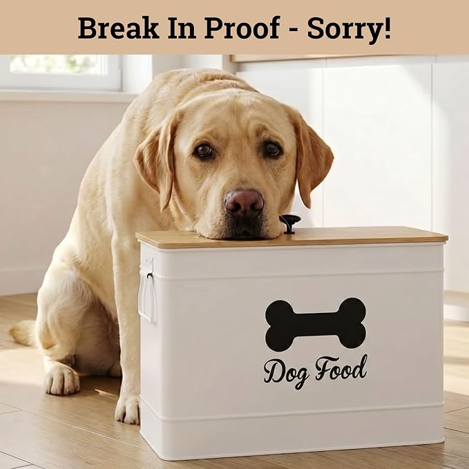 Dog Food Container Airtight 15-20 lb (70 Cup) Capacity with Metal Scoop - Cute Airtight Dog Food Storage Container with Bamboo Lid - White Metal Kibble Storage Bin for Dogs up to 100 lbs - Big Pet Jar