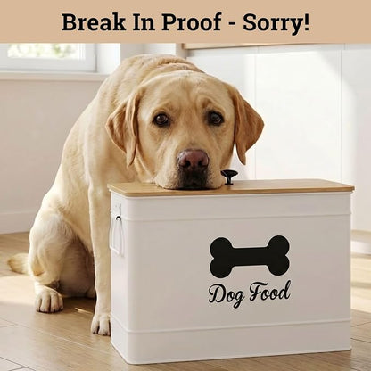 Dog Food Container Airtight 15-20 lb (70 Cup) Capacity with Metal Scoop - Cute Airtight Dog Food Storage Container with Bamboo Lid - White Metal Kibble Storage Bin for Dogs up to 100 lbs - Big Pet Jar