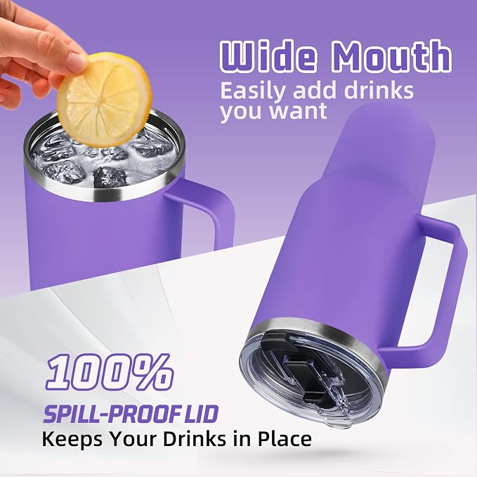 40 oz Tumbler with Handle and Flip Straw, 100% Leakproof Insulated Tumbler with Lid and Straw, Stainless Steel Travel Coffee Mug, Insulated Coffee Thermal Cup for Cold and Hot (Purple)