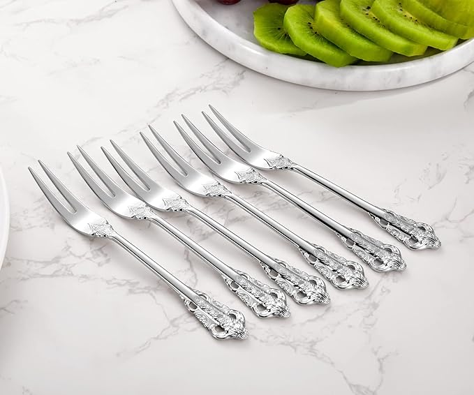 KEAWELL Luxury 6.3" Food Fork/Seafood Forks 18/10 Stainless Steel, Set of 6, Fruit Picks/Cocktail Forks/Charcuterie Accessories/Cocktail Picks for Appetizer, Cocktail, Pastry, Dessert (Silver)
