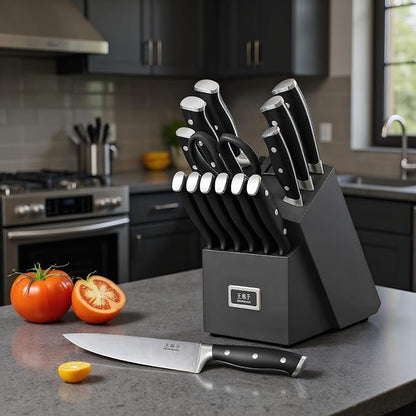 WANGMAZI 15 Pcs Knife Set with Block, High Carbon Stainless Steel Knife Block Set, Built-in Sharpener Block, Dishwasher Safe Kitchen Knife Set, Ergonomic Anti-Slip Handle, Black Pro