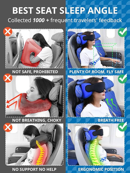 SARISUN Travel Pillows for Airplanes, Airplane Pillow with Eye Mask for Long Flight, Airplane Head Strap for Sleeping, 360° Support Headrest for Car Trip, Stop Bobblehead Travel Essential, Dark Brown