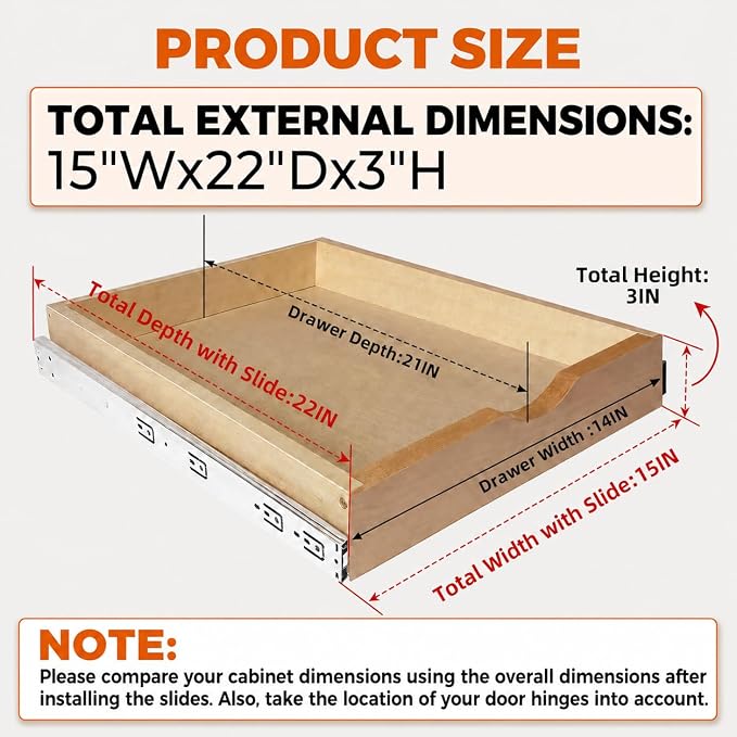 Pull Out Drawers for Cabinet Wood Slide Out Cabinet Organizer and Storage Cabinet Kitchen Drawers Slide Out Shelves Pull Out Shelves in Kitchen Pantry Bathroom with Soft Close 15"W x 22"D x 3"H