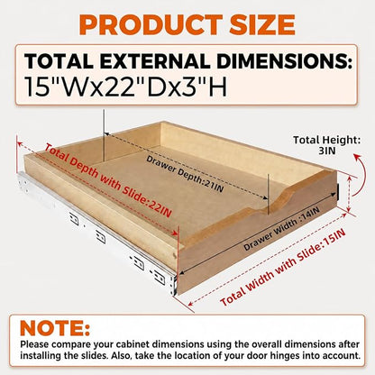 Pull Out Drawers for Cabinet Wood Slide Out Cabinet Organizer and Storage Cabinet Kitchen Drawers Slide Out Shelves Pull Out Shelves in Kitchen Pantry Bathroom with Soft Close 15"W x 22"D x 3"H