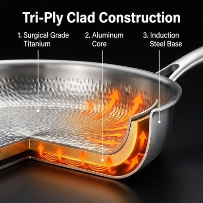 Titanium Frying Pan with Lid, 11.8" Uncoated Hammered Skillet for Cooking, PFAS/PFOA/PTFE Free Nonstick Cookware, Scratch Resistant, for Induction & Gas, Oven, Dishwasher Safe