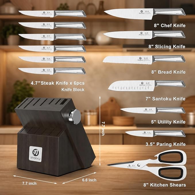 imarku 14-Piece Knife Set with Block, One Set for Meat, Fish, Veggies & Bread, Glides Through Every Cut, High Carbon Stainless Steel with Built-in Sharpener, Dishwasher Safe,Ergonomic Non-Slip Handle