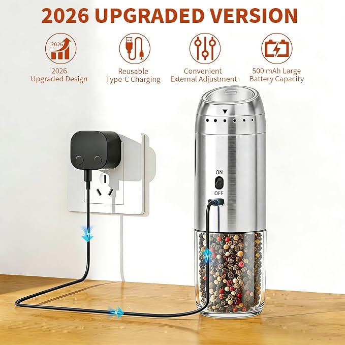 Gravity Salt and Pepper Grinder Set, Automatic Electric Mill Set, Gravity-Sensing, Rechargeable Pepper Grinder Battery Operated, Stainless Steel, Adjustable Coarseness, Kitchen Gadgets Accessories