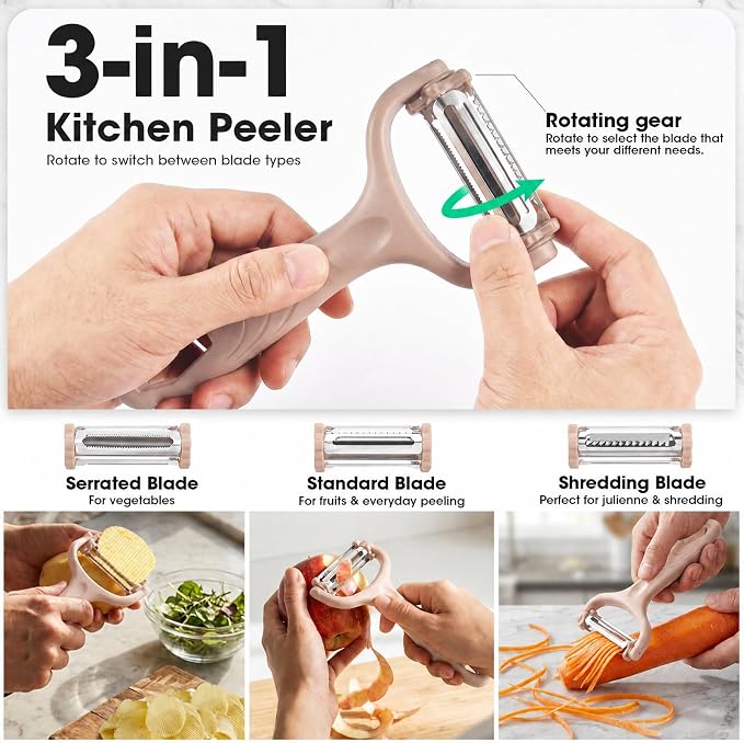 Knife Set, Kitchen Knife Set with Block, 7 Pcs Kitchen Knife Set with 3-in-1 Peeler, Knife Block Set Compact Stainless Steel Knives with Wood Grain Finish Handles, Space Saving Kitchen Essentials
