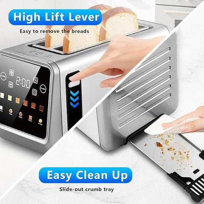 SAKAMOSH Touch Screen Toaster 4 Slice, Smart Digital Toasters with LED Display & Timer, Extra Long Wide Slots for Bagels, 6 Browning Levels & 5 Bread Types, Memory Function, 1400W, Stainless Steel