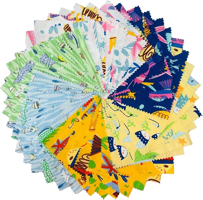 DMFR Ocean Fabric Squares 5 x 5 Inch, 42 Pcs 100% Cotton Charm Pack Fabric for Quilting, Under the Sea Precut Quilt Squares, 6 Assorted Patterns for Sewing, Patchwork, Crafts, Baby Boy Projects