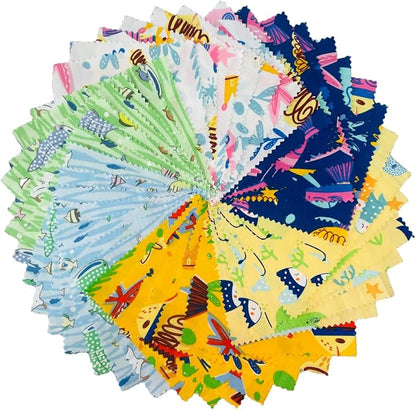 DMFR Ocean Fabric Squares 5 x 5 Inch, 42 Pcs 100% Cotton Charm Pack Fabric for Quilting, Under the Sea Precut Quilt Squares, 6 Assorted Patterns for Sewing, Patchwork, Crafts, Baby Boy Projects