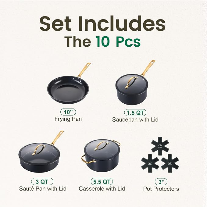Chef Power Ceramic Cookware Sets, 10Pcs Pots and Pans Set Non Stick, Cookware Set with Stainless Steel Handle, Dishwasher & Oven Safe, Stone Black and Light Gold Handle