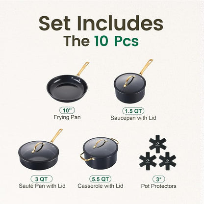 Chef Power Ceramic Cookware Sets, 10Pcs Pots and Pans Set Non Stick, Cookware Set with Stainless Steel Handle, Dishwasher & Oven Safe, Stone Black and Light Gold Handle